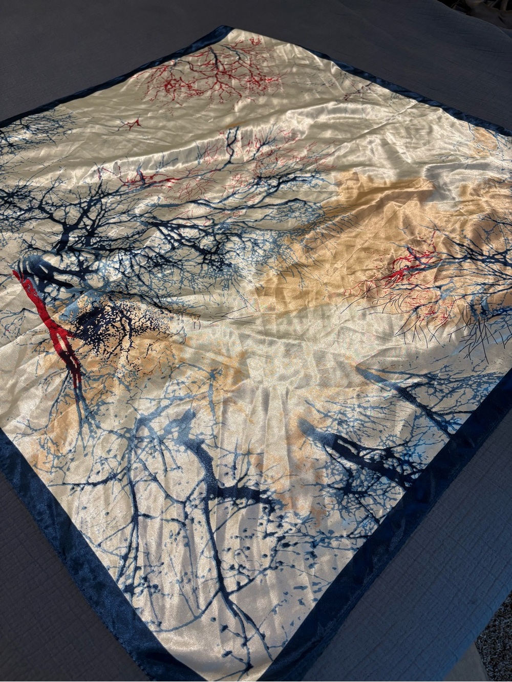 Artsy Abstract Tree-Print 34”x34” Square Scarf in Cream, Navy, Red and Orange